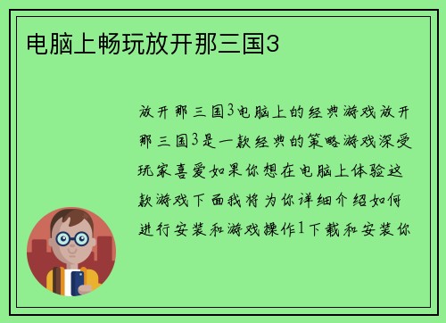 电脑上畅玩放开那三国3